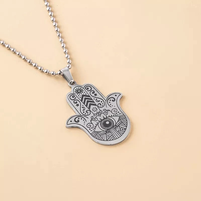 Edelstahl Hamsa Hand Halskette Muslimische Hand der Fatima Anhänger Halsketten Für Frauen Männer Arabisch Amulett Schmuck – Detail 3