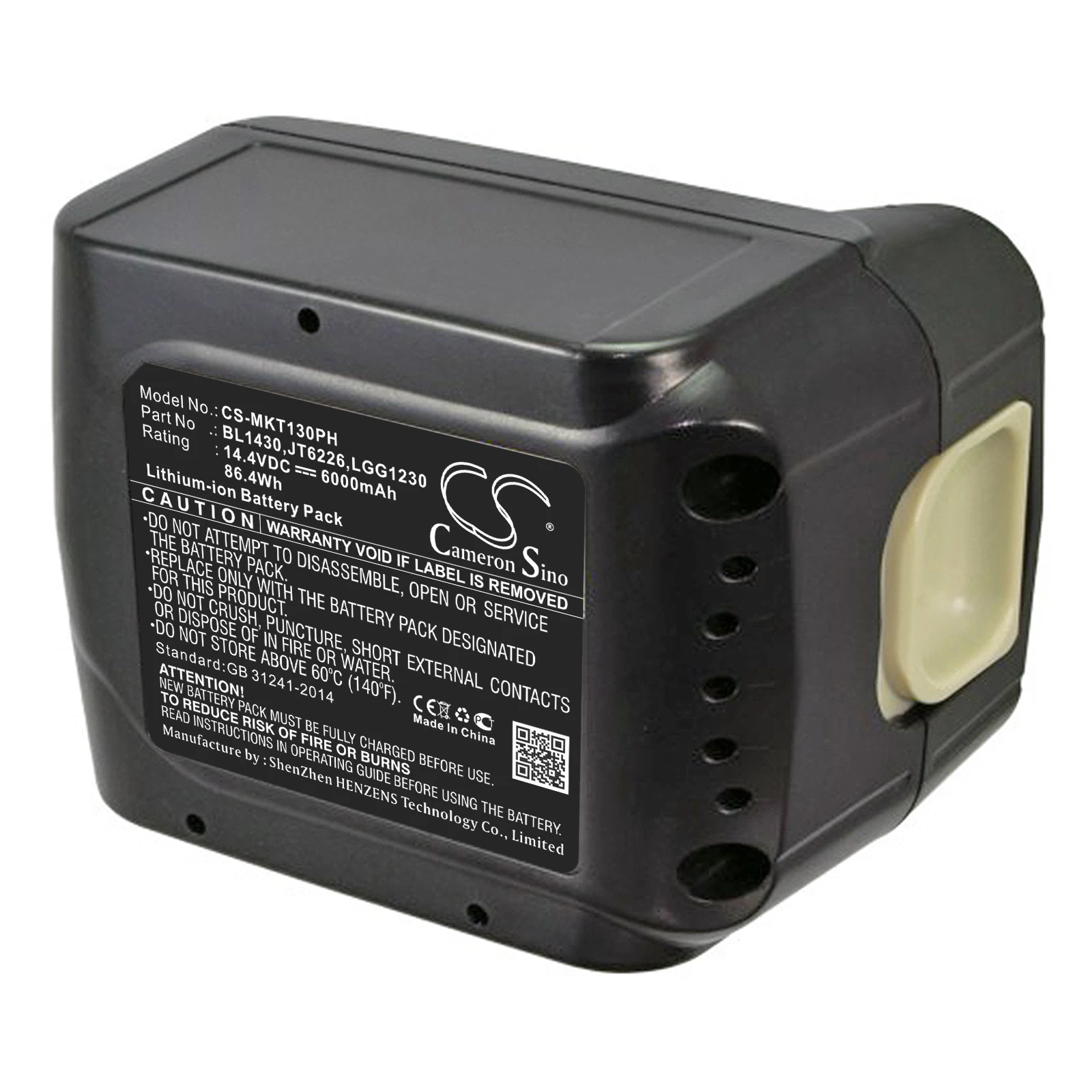 

CS Replacement Battery for Makita BGA450RFE,BGA450Z,BHP444Z,BJR141Z,BML145,BMR100,BPT350RFE,BPT350 PN:BL1430 6000mAh / 86.4Wh
