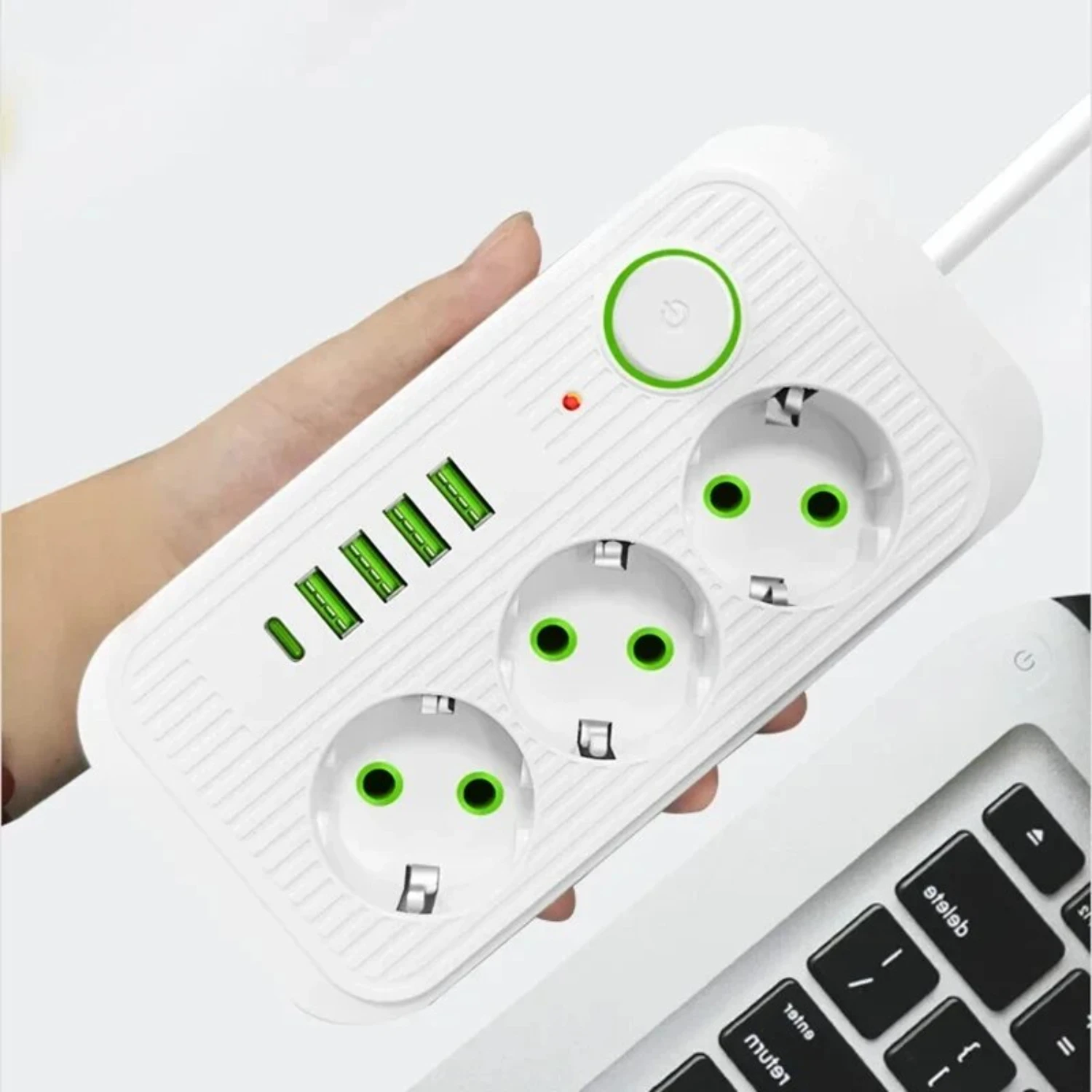 EU Plug Power Strip Multiprise 3 AC Outlets 2m Extension Cord Type-C Fast Charge 4 USB Ports Network Filter Electrical Socket