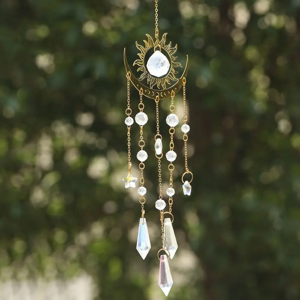 Crystal Crafts Golden Flame Moon Crystal Pendant AB Colourful Hanging Sunshine Catcher Moon Eye Moon Hanging Decoration Outdoor