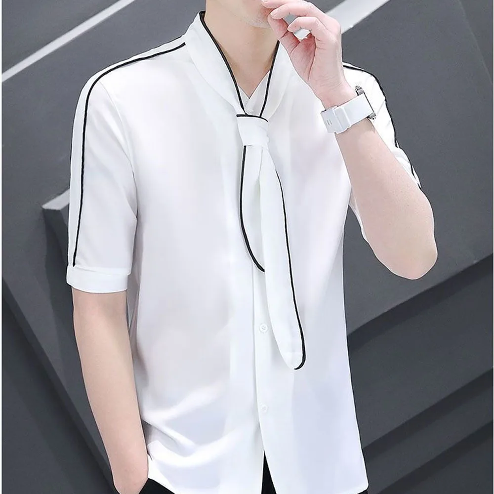 Men’s Short Sleeve Dress Shirt With Tie Slim Fit Casual Business Top Summer Fashion Solid Color Formal Shirt 2026 New