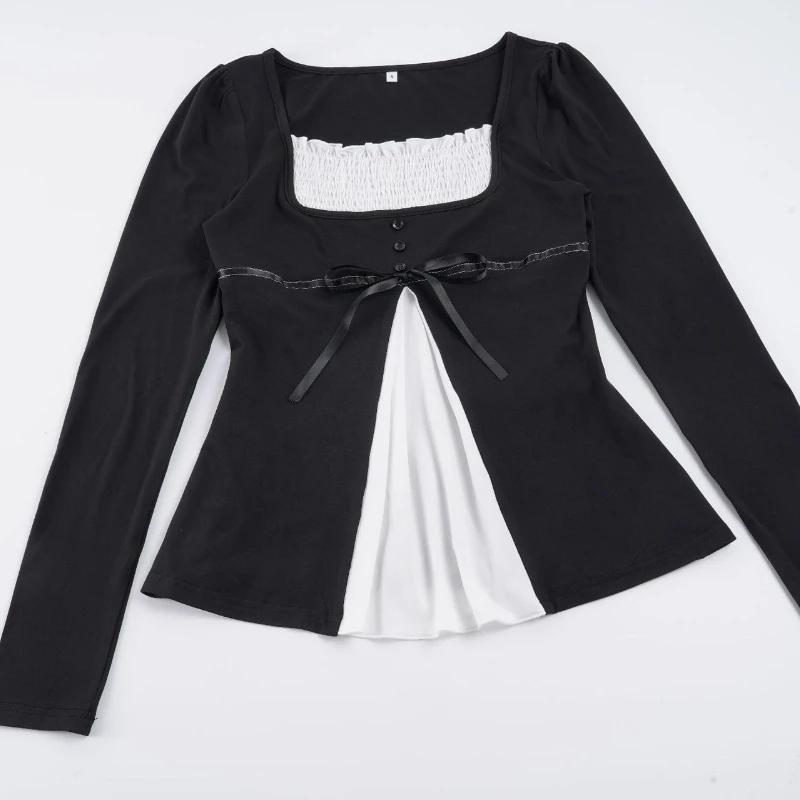 Two-piece Top New Fitted Long-sleeved T-shirt 2026 Spring Autumn Fashion French Sweet Fresh Style Color-blocking Patchwork Fake