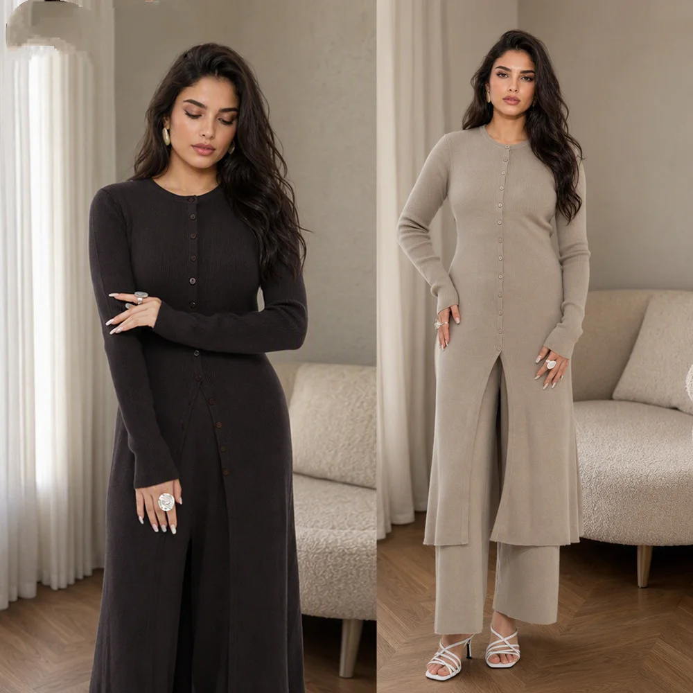 Fashion Muslim Women 2Pcs Set Knit Long Top Blouse Wide Leg Pants Suit Winter Islamic Outfit Musulman Ensembles Arab Long Robe