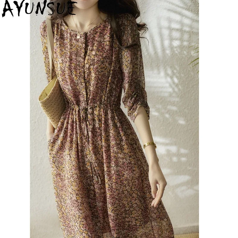 

AYUNSUE Natural Mulberry Silk Women's Casual Dresses Sweet Floral Woman Dress Mid-length Summer Dresse Woman Clothes Ropa Mujer