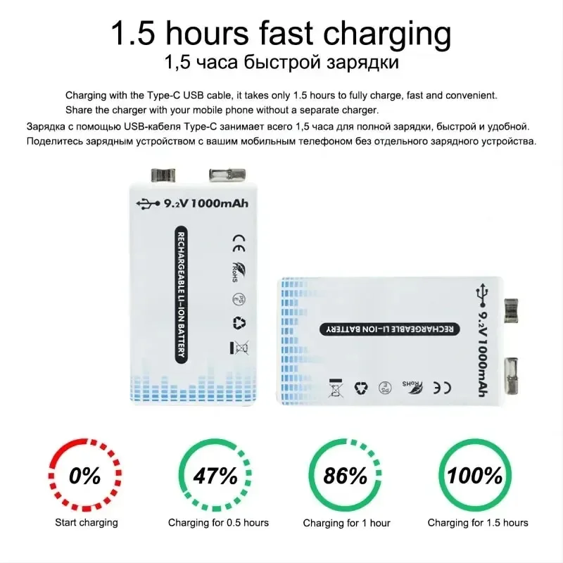 SUYIJIA 1000mAh 9 Volt li-ion Rechargeable Battery Type-C USB 6F22 9V Lithium Battery for RC Helicopter Model Microphone Toy