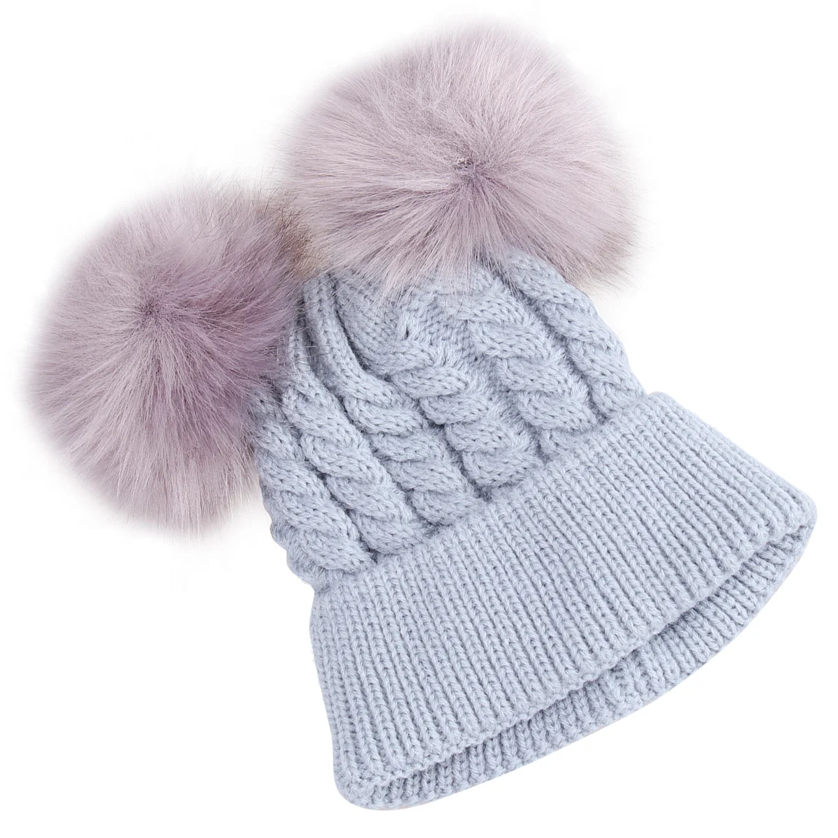 Cappello in maglia intrecciata grigia per bambini Doppio palla di pelo Berretto invernale in maglia calda per bambini Cappello con palla di pelo morbido e confortevole per cappelli a cuffia per bambini