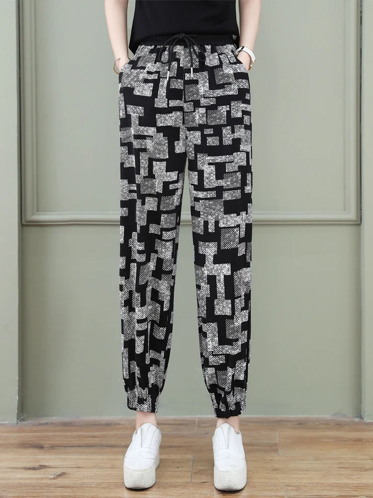 

Женские летние тонкие брюки-шаровары из ледяного шелка, новые повседневные свободные брюки-морковки, укороченные спортивные брюки с высокой талией в уличном стиле