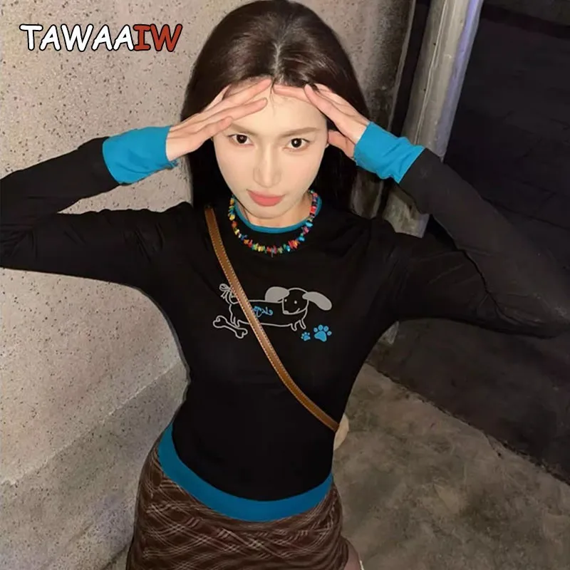 Tawaaiw Patchwork Dog Graphic T Shirts Autumn Tops Woman 2024 Long Sleeve Print Tees Female Clothing 2000s Clothes Y2k T-shirt