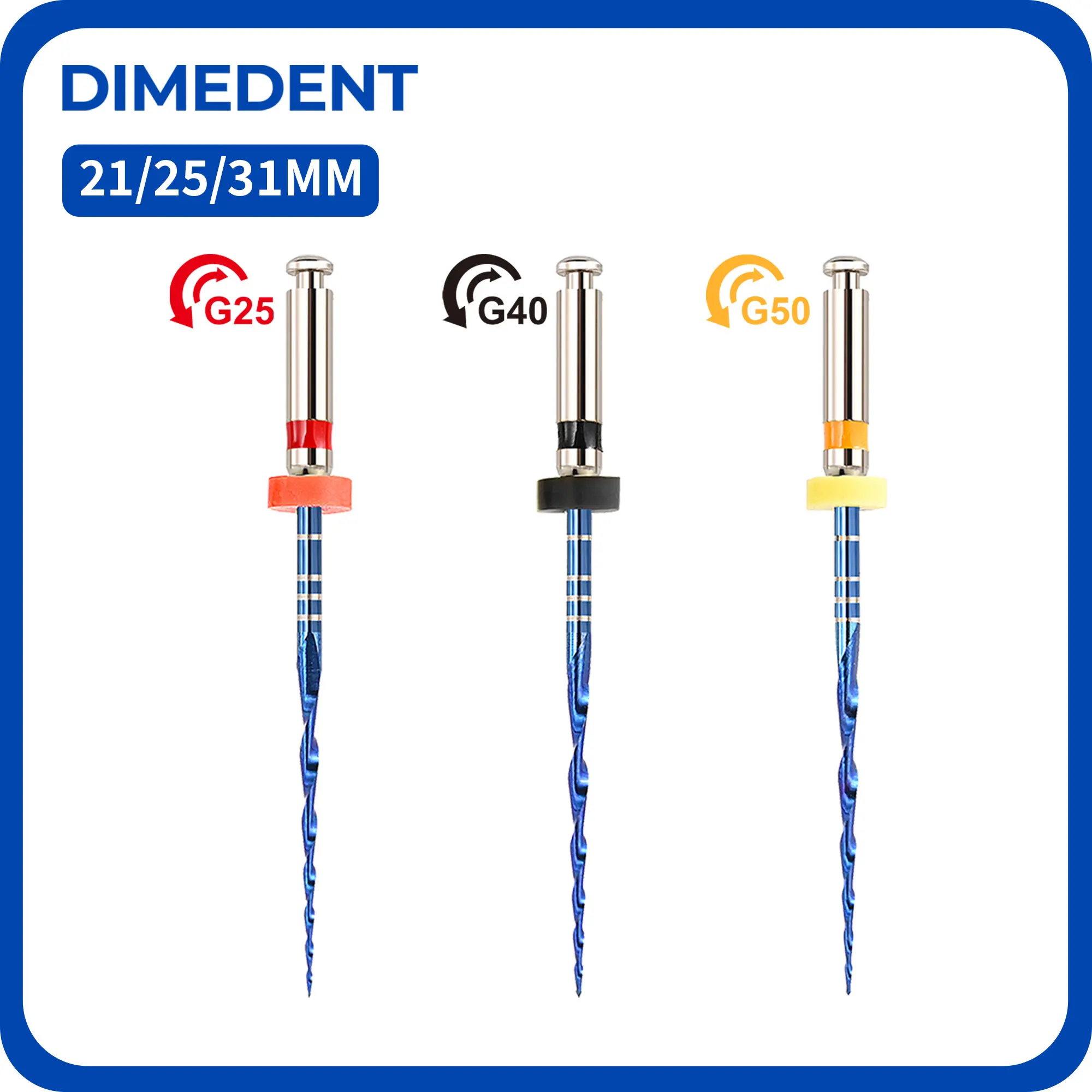 Ротационные файлы для корневых каналов DIMEDENT G-ONE Blue с термоактивацией, гибкие, 21/25 мм, никель-титановые эндодонтические файлы