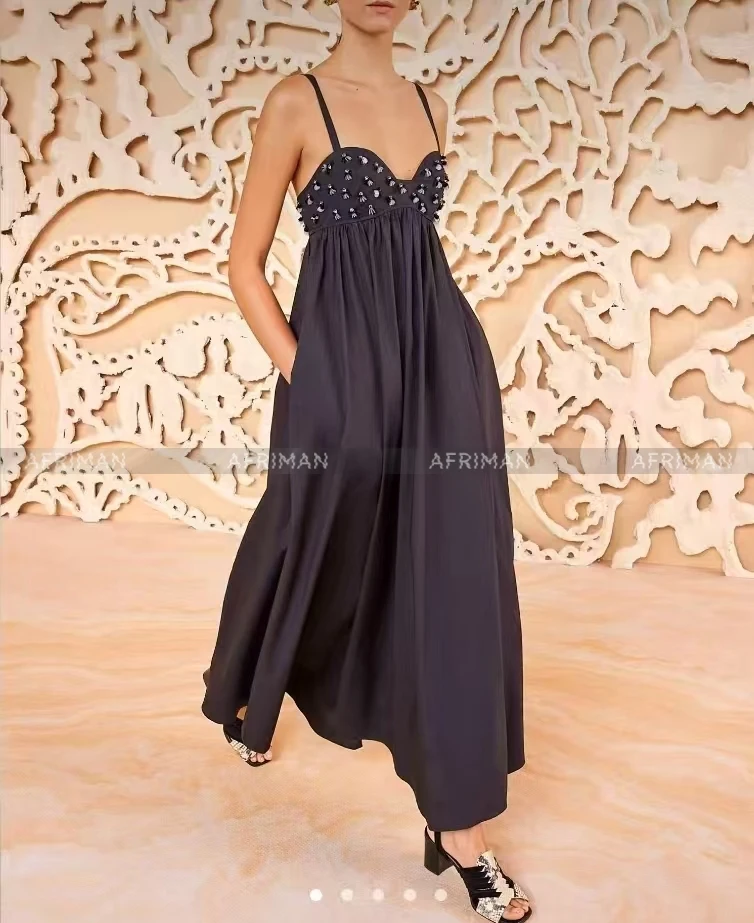 Women Heavy Sequin Beaded Sexy Strapless High Waist Cotton Long Sling Dress