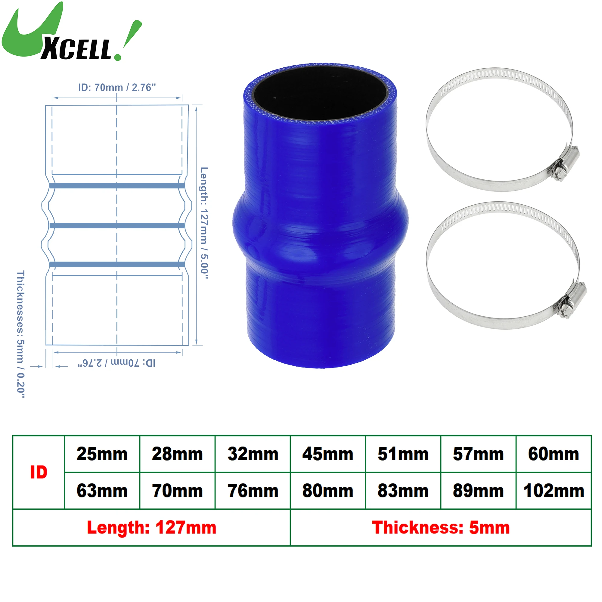 

UXCELL 25/28/30/35/40/51/54/57/61/63/68/70/76/80/83/89/102mm ID 127mm Length Silicone Hump Hose Coolant Hose with Clamps Blue