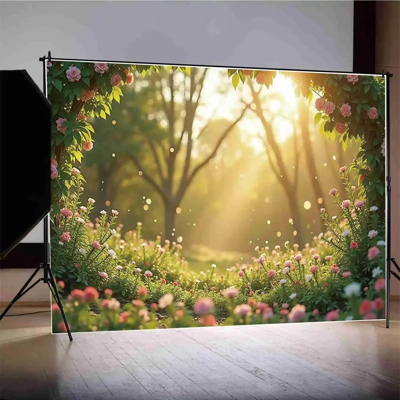 MOON.QG Fondo de fotografía de Pascua con hojas de hierba y flores de primavera, accesorios personalizados para estudio de fiesta de cumpleaños para niños