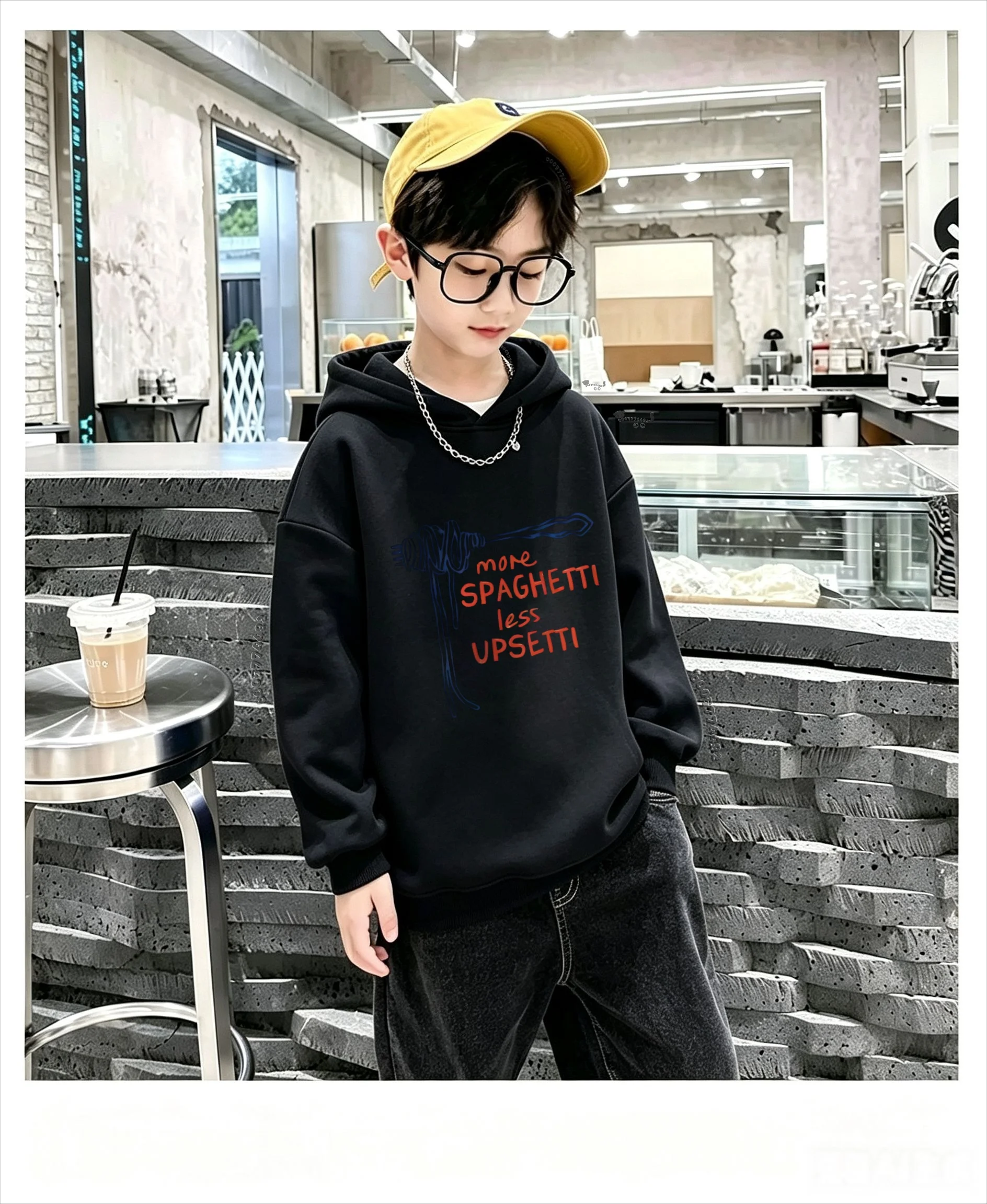 Kids Hooded Sweatshirt Autumn Winter, Spaghetti Cartoon Letter Print, Unisex Pullover Hoodie Casual Warm Top