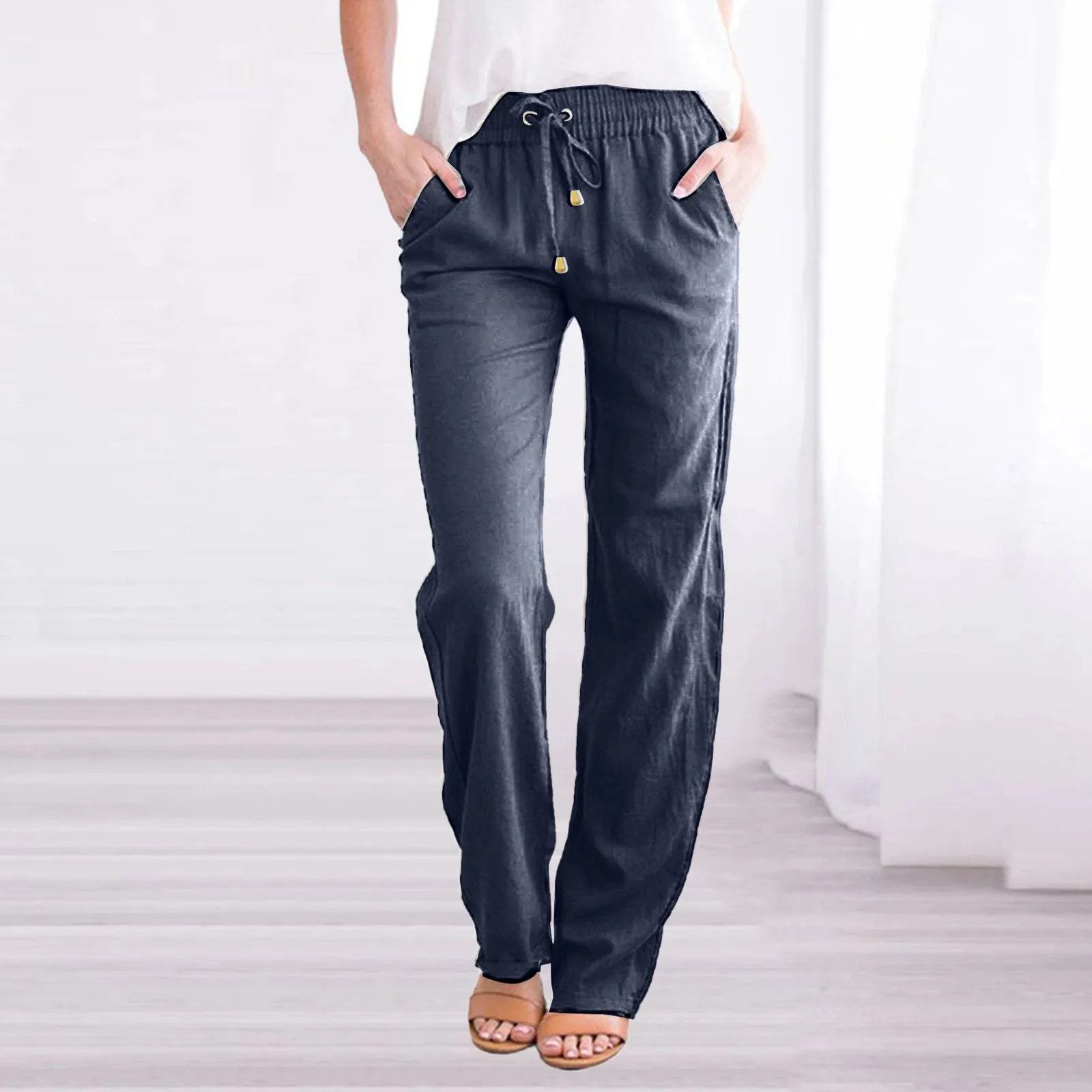 Women'S Solid Color Cotton Hemp Casual Pants Spring And Summer Loose Wide-Leg Pants Simple And Stylish Straight Leg Pants