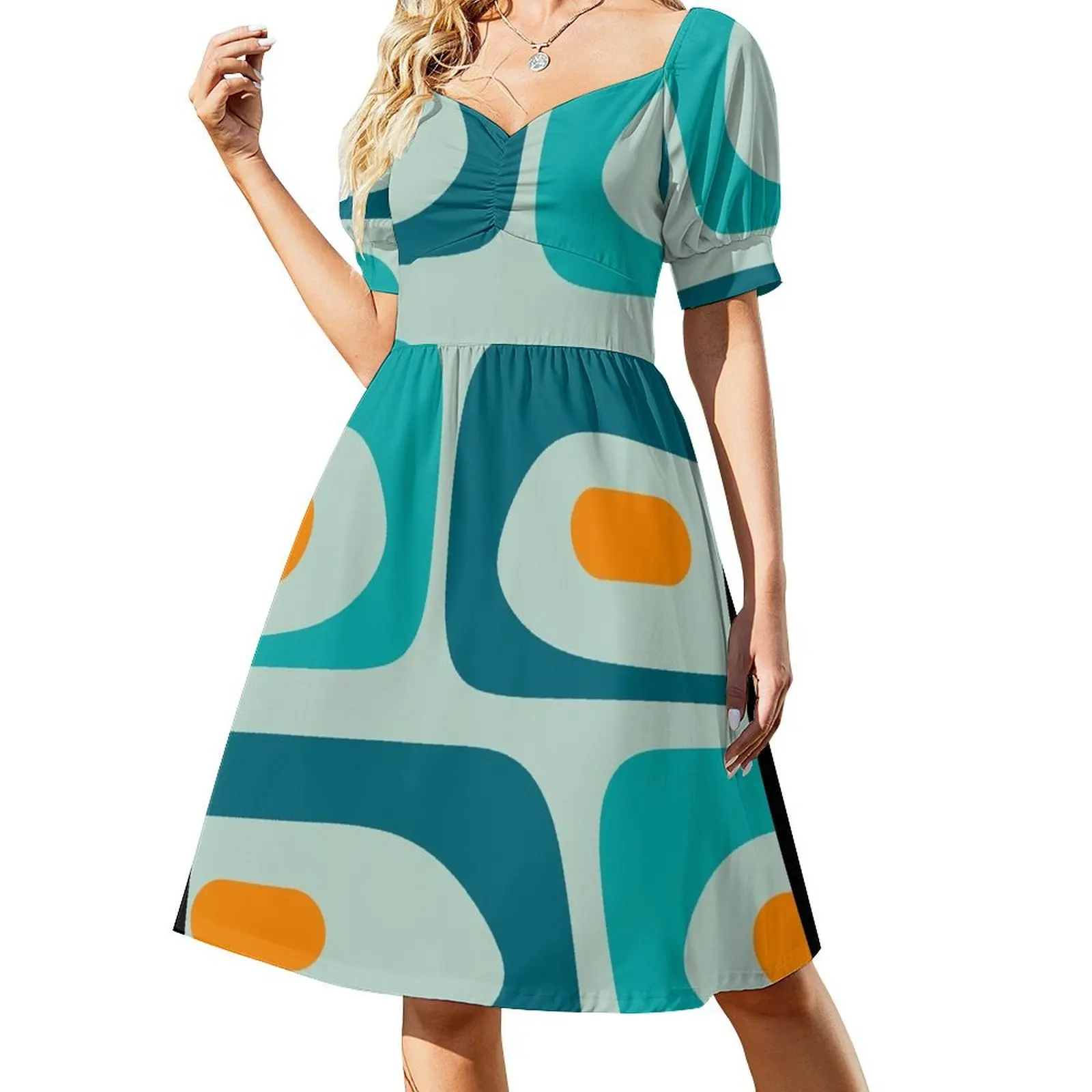 

Mid Century Modern Piquet Abstract Minimalist Pattern Teal Aqua Orange Short Sleeved Dress womens clothing Dress