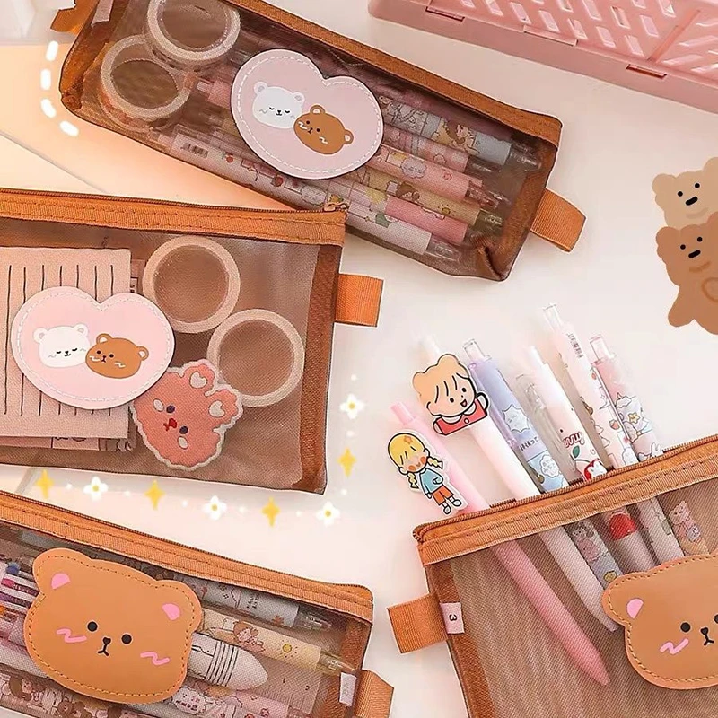 Cute Cartoon Bear Pencil Case Transparent Mesh Pen Bag High-capacity Stationery Storage Pouch Office School Supplies Gifts image 4