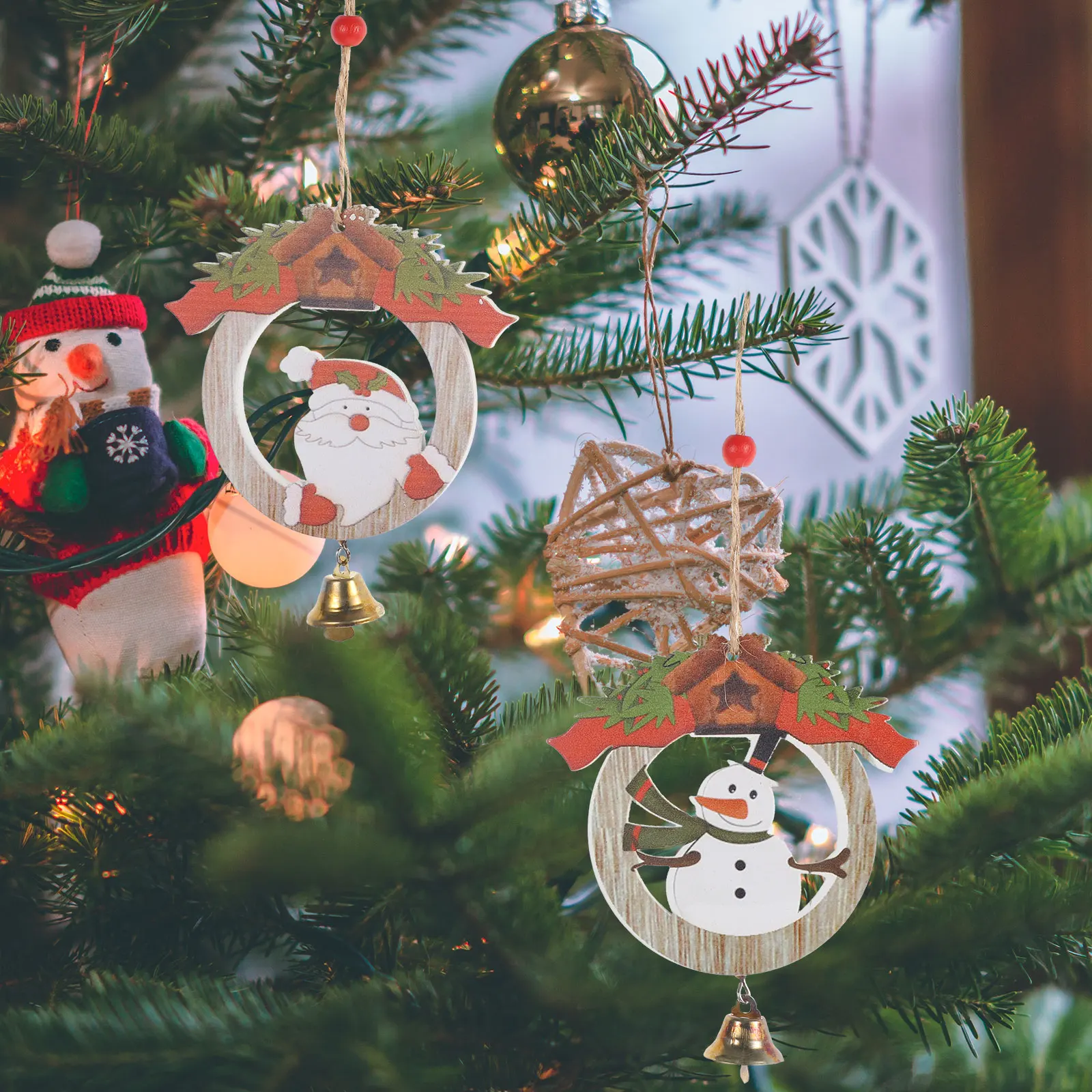 

2Pcs Christmas naments Snowman Santa Hanging Decor Xmas Tree Pendant Party Decorations Wooden Festive Home Holiday