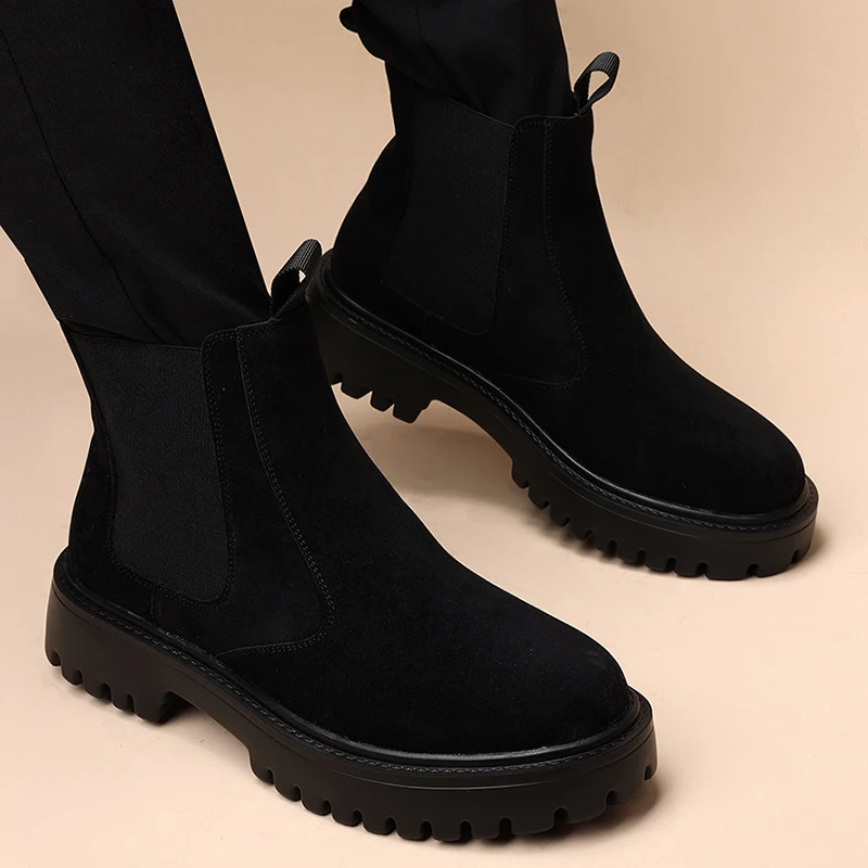 

England style mens casual platform boots slip-on cow suede leather shoes cowboy ankle boot black trendy chelsea short botas mans