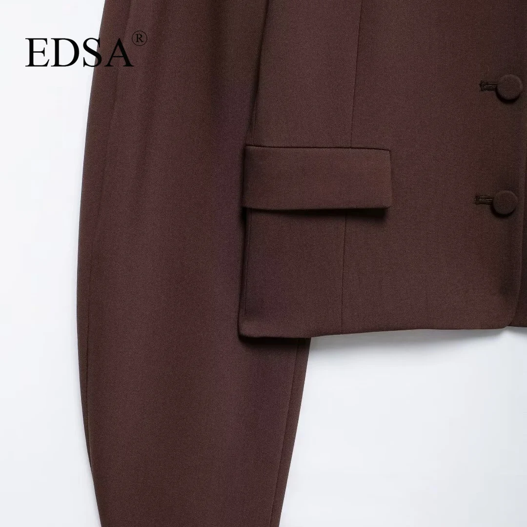 EDSA Women Balloon Blazer Brown Single Breasted Round Neck Long Sleeves Drop-shoulder Cropped Jacket for Office Lady Coat