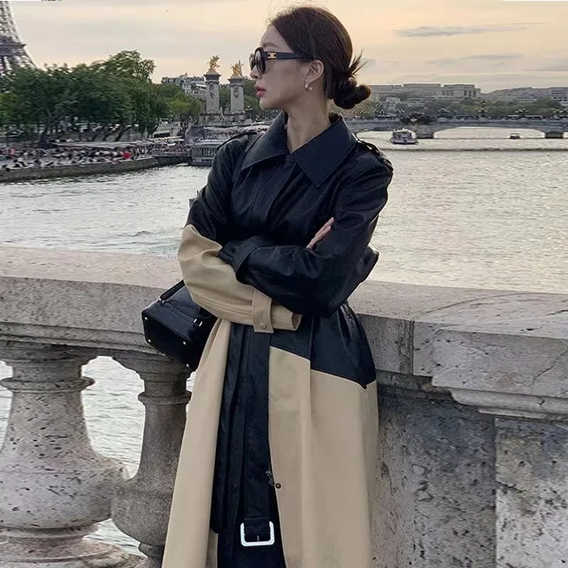 Korean Chic Autumn Winter Lapel Contrast Patchwork Pu Windbreaker Fashion Designer Women Long Sleeve Leather Belt Trench Coat