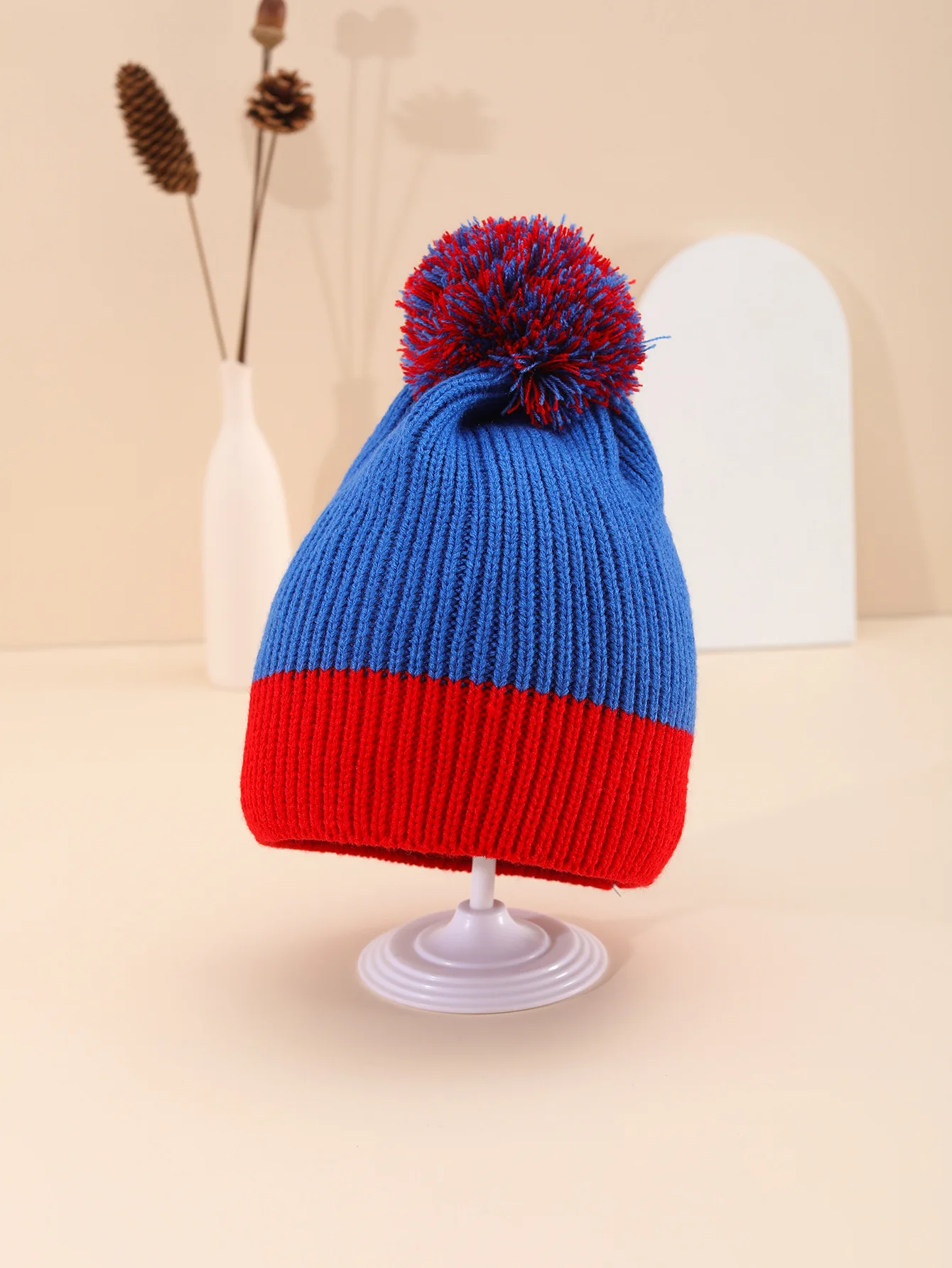 Fashion Color Matching Knitted Hats Women Winter Keep Warm Soft Beanie Cute Pompom Skull Cap