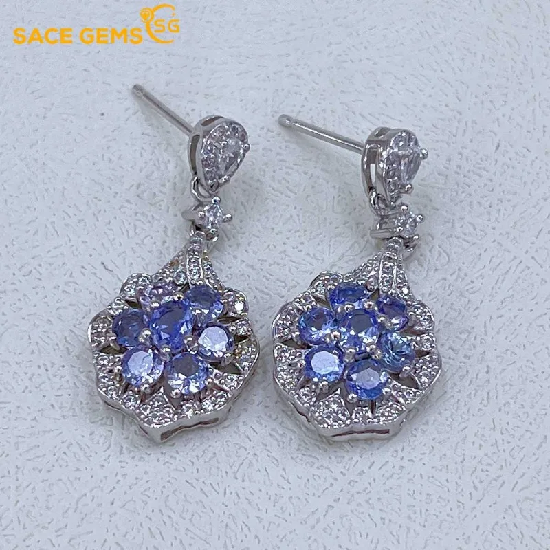 

SACEGEMS Fashion Jewelry Earrings for Women 925 Sterling Silver 3*4MM Natural Tanzanite Stud Earrings Wedding Party Fine Jewelry