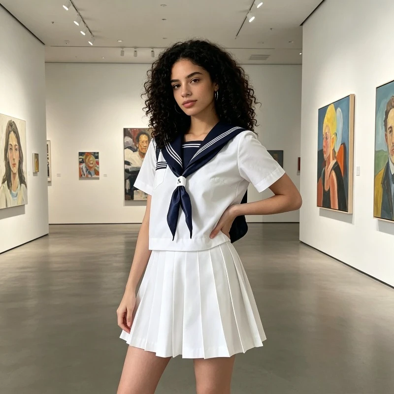 Japanese College Style Basic Sailor Suit Set with Blue Collar and White Three Book Design, Full Set of Energetic Student Uniform