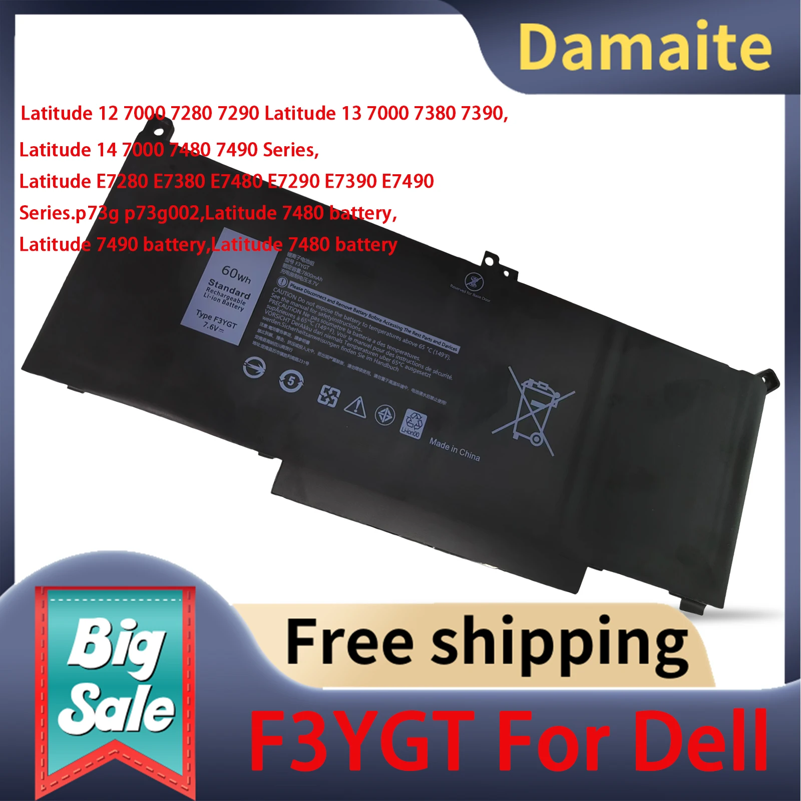 

7.6V 60Wh F3YGT 7480 Laptop Battery For Dell Latitude 7480 7390 7380 7490 Series P73G P73G002 P29S002 ODM3WC DM6WC