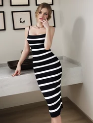 Sexy Black And White Stripes Camisole Dress for Women's Summer Sleeveless Slim fit Knitted Mid Length Dresses Bodycon Female Clo