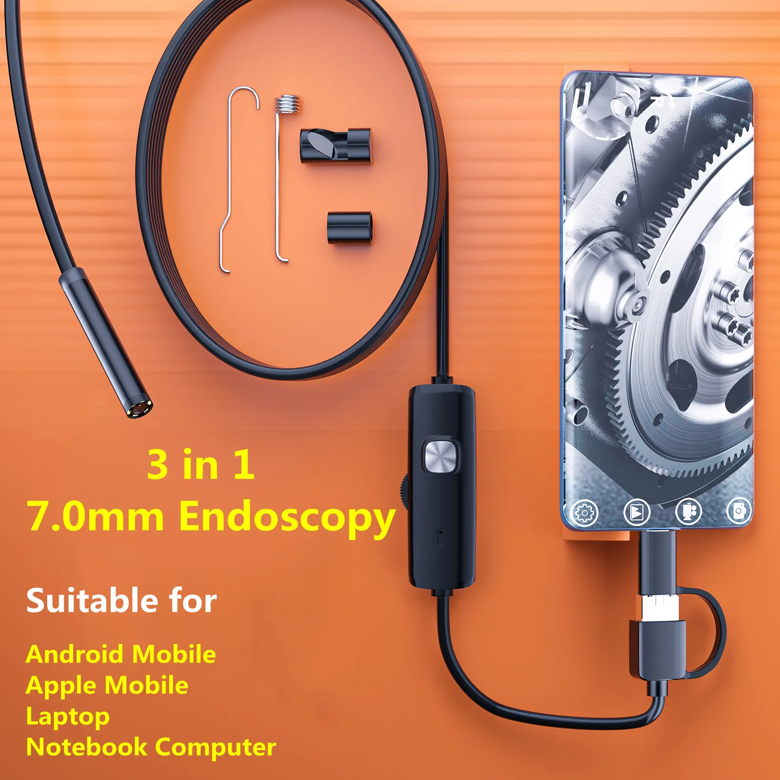 3 in 1 flexible endoscope high definition camera mobile Borescope soft endoscope Undercarriage Safety Inspection tools 7.0mm