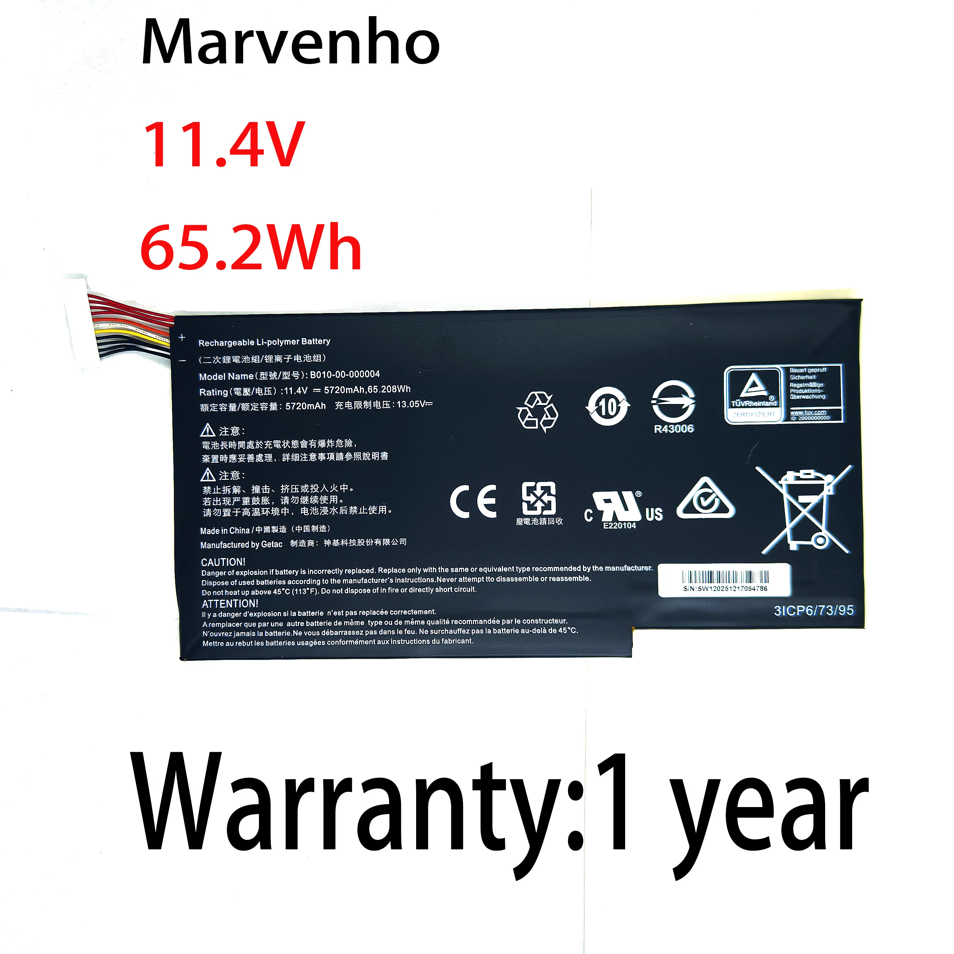 New Marvenho 65.208wh 11.4V 5720mah B010-00-000004 Laptop Battery For GETAC Evga SC15 Computer