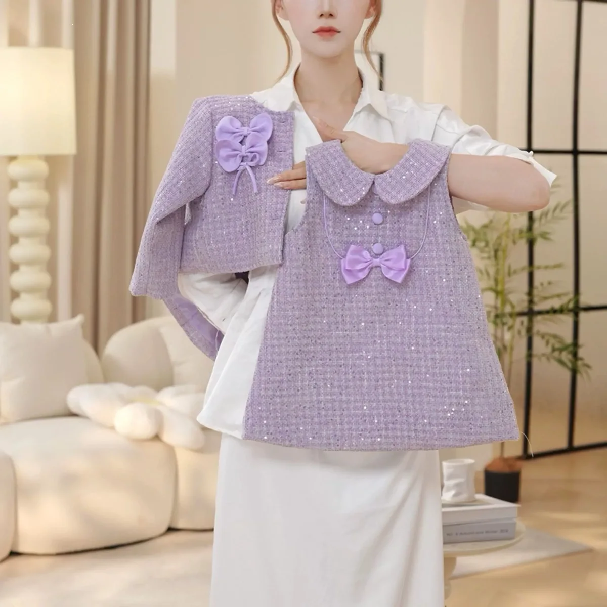 2026 new girls' small fragrance style two-piece set, spring autumn winter purple bow sequin coarse floral vest skirt set