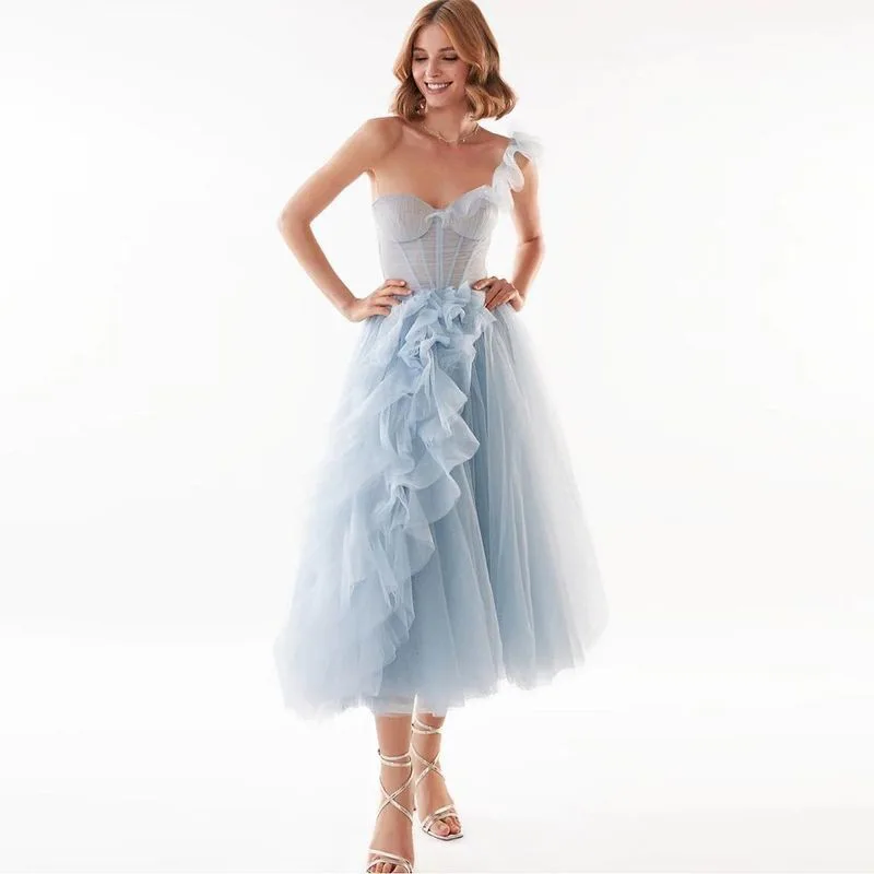 Light Sky Blue Prom Dress A Line One Shoulder Sleeveless Formal Tulle Party Evening Gown 100% Real Photo In Stock