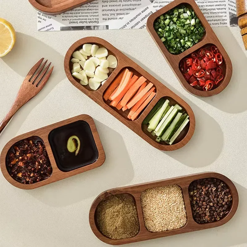Custom Logo Wooden Sauce Plate 3 Grid Condiment Dish for Spices Snacks Desserts Serving Tray