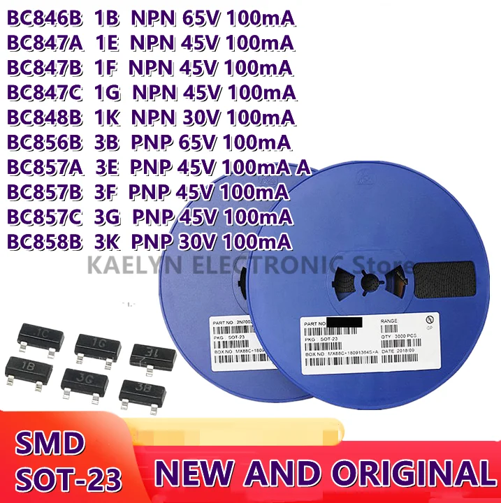 

3000PCS Bipolar Transistors BJT BC846B BC847A BC847B BC847C BC848B BC856B BC857A BC857B BC857C BC858B 30V-65V100mA NPN PNP SOT23