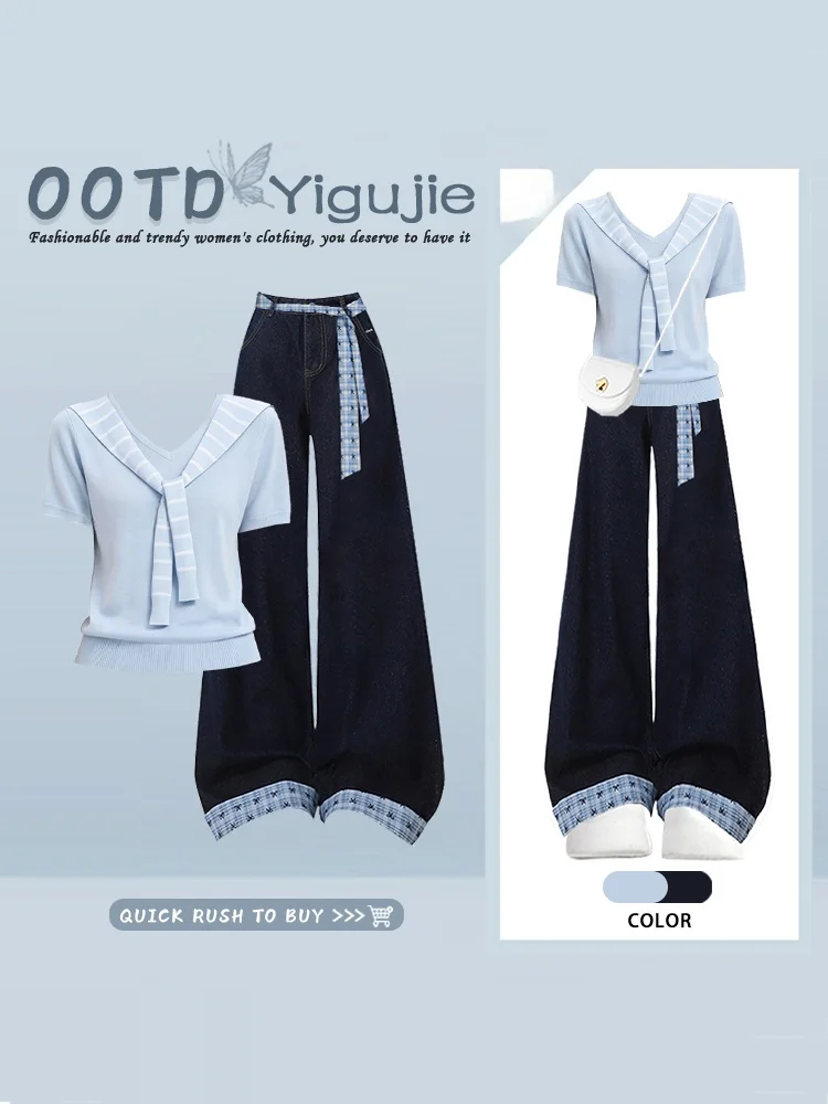 

Summer Slimming Blue Short Sleeve T-Shirt And Wide Leg Jeans Women's Fashion Set College Style Patchwork Denim Two-Piece Suit