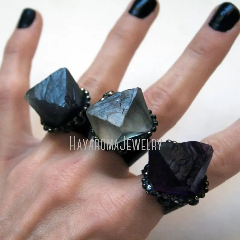 

RM43264 Fluorite Octahedron Ring Large Purple Green Statement Halloween