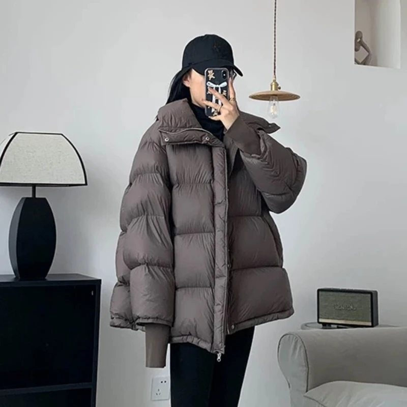 Women\'s Down Jacket Winter New Outerwears Simple Solid Color High-end Parker Stand-up Collar Thickened Loose Warm Puffer Coats