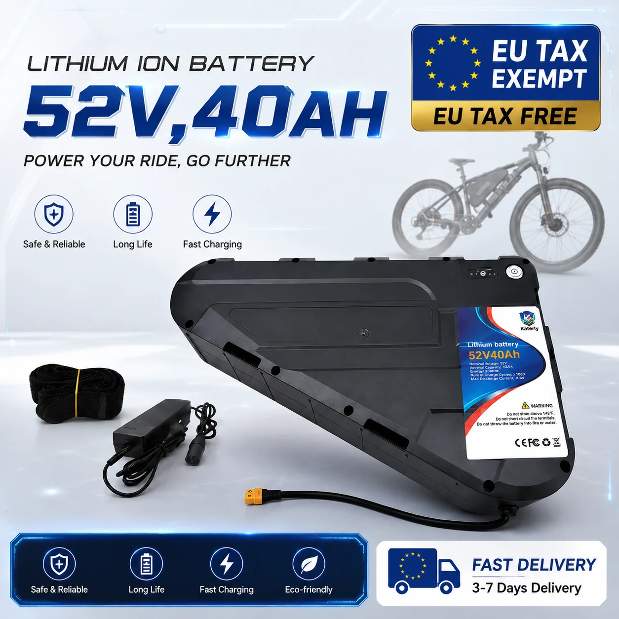 Image of Leistungsstarker 52V Dreieck-E-Bike Lithium-Akku 20AH 30AH 40AH Wasserdichtes Hartschalen-Gehäuse Schneller Versand Große Kapazität Batterie für 350W 500W 750W 1000W Fahrradmotor-Akku
