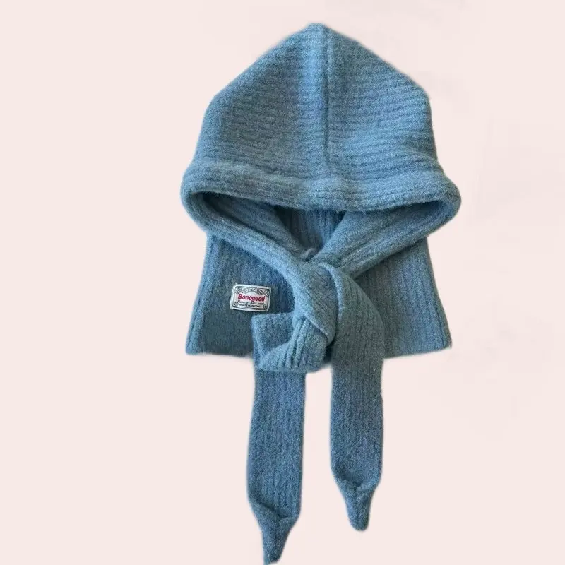 2027 Korean Knitted Balaclava Hat Women's Winter Warm Scarf Integrated Hooded Scarf Knitted Wool Beanie Cap