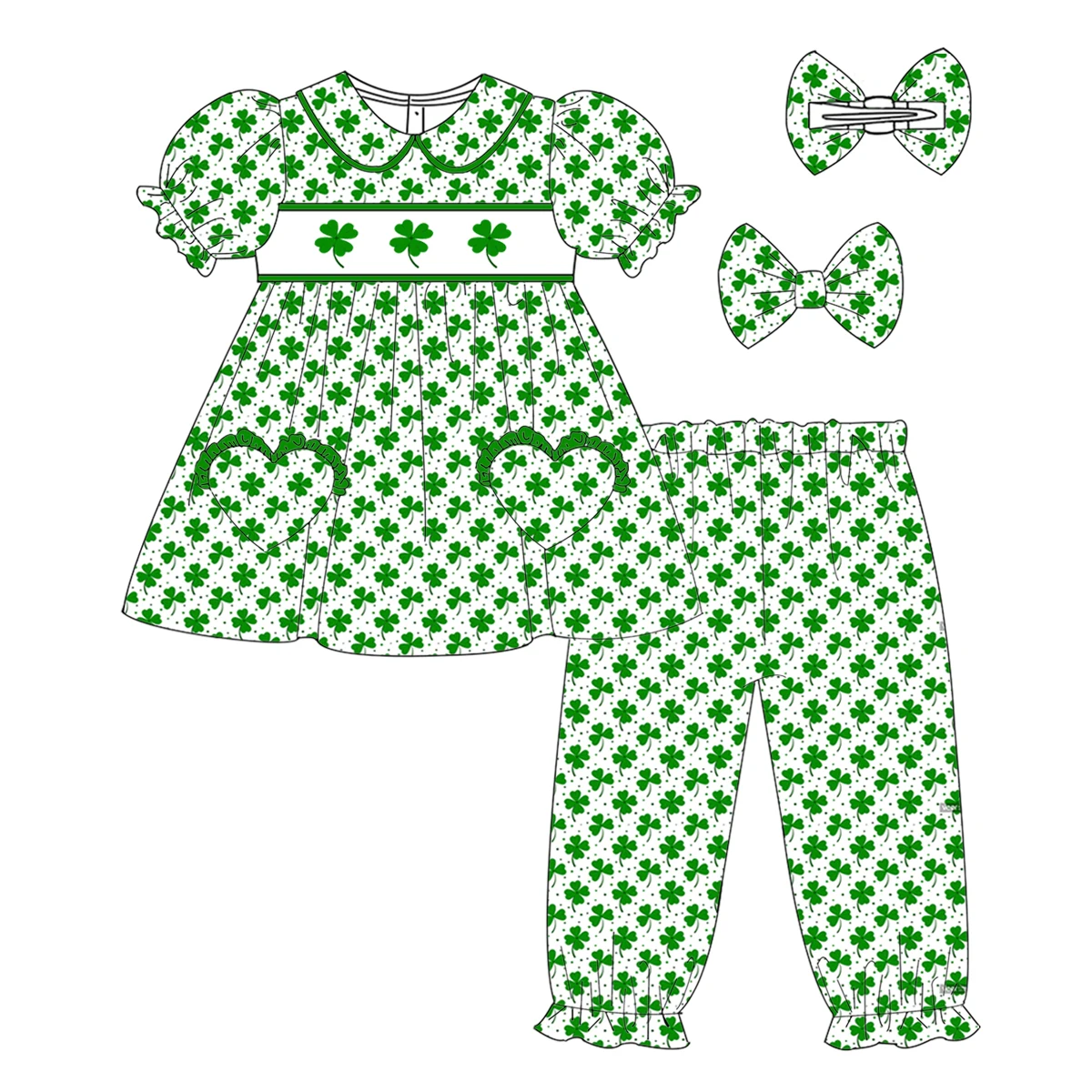 Conjunto de Boutique para niños, pantalones de manga corta del Día de San Parker, conjunto de pijama de manga larga con estampado de trébol de cuatro hojas para niñas y niños