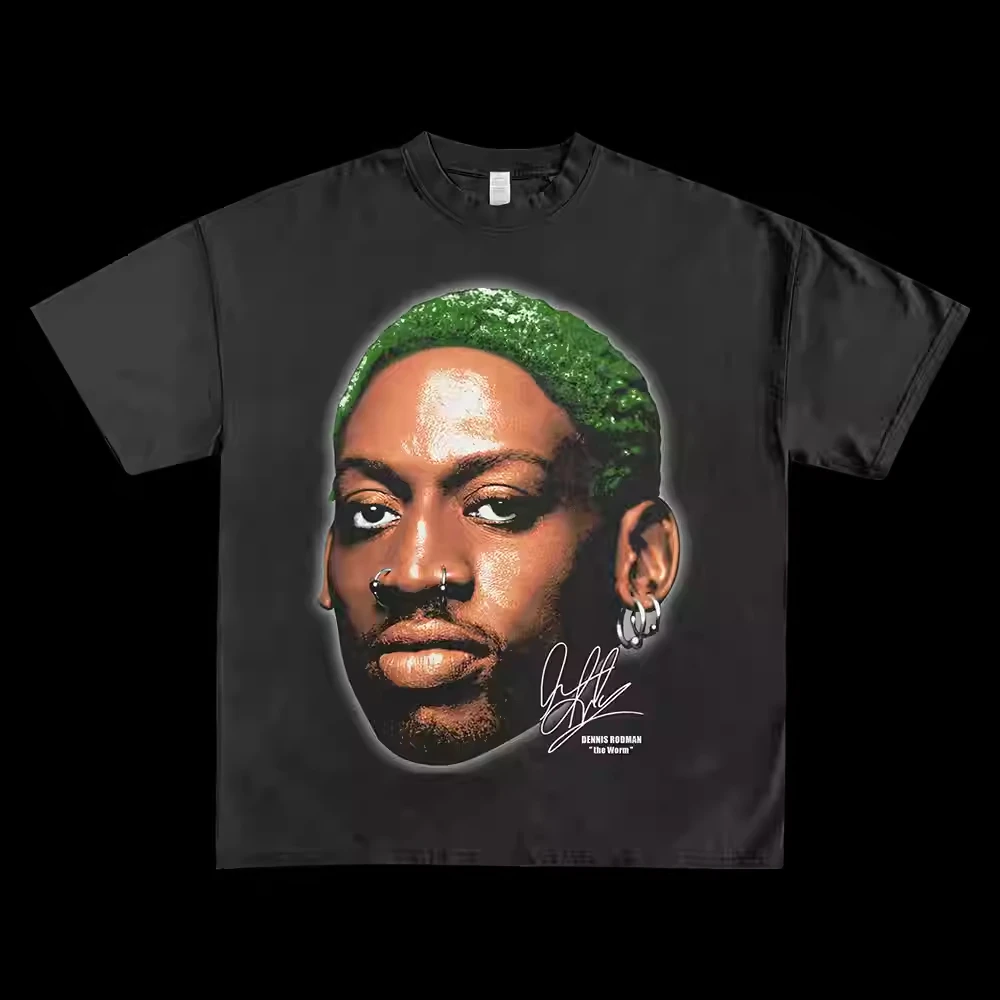 الدوري الاميركي للمحترفين ستار دينيس رودمان كبير الرأس الأمريكية الرجعية الشكل طباعة الثقيلة تي شيرت خمر القطن تيز الهيب هوب قصيرة الأكمام الرجال الملابس #2