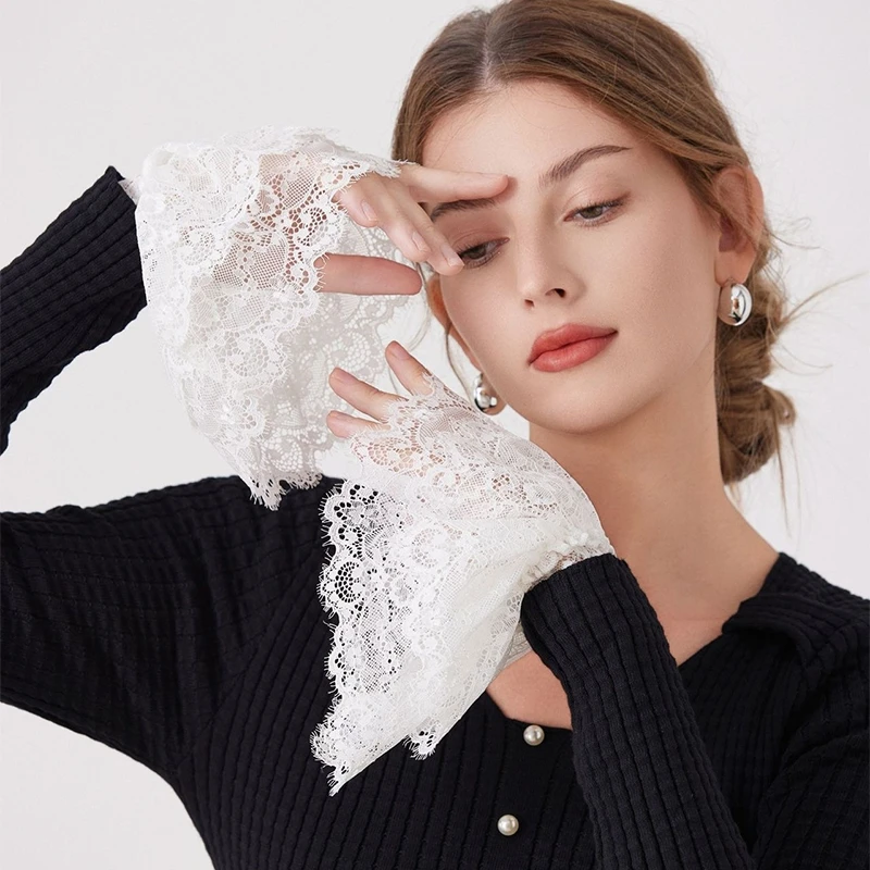 vestido-sueter-com-mangas-elasticas-e-detalhes-florais-brancos-punhos-destacaveis-acessorios-de-mangas-falsas-com-babados-decorativos-para-o-pulso