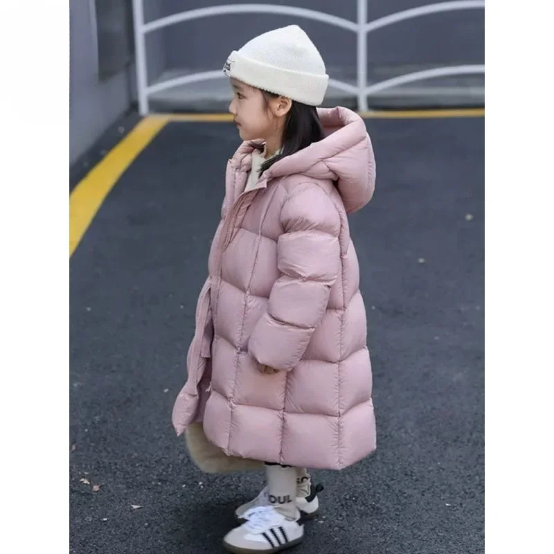 Girls Long Over The Knee Fashion Down Cotton Jacket 2024 New Korean Solid Casual Cotton Jacket for Children