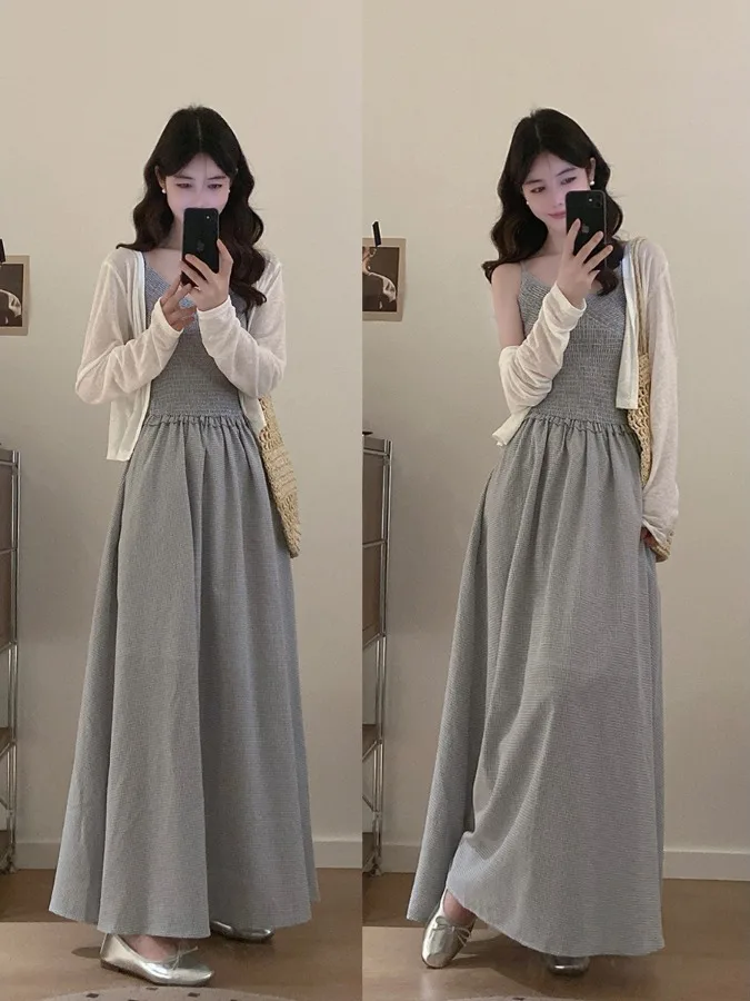 

plus Size Casual High Cool Feeling V-Neck Plaid Summer Slimming Outerwear Two-Piece Set Women's Fashion Korean Style Dress
