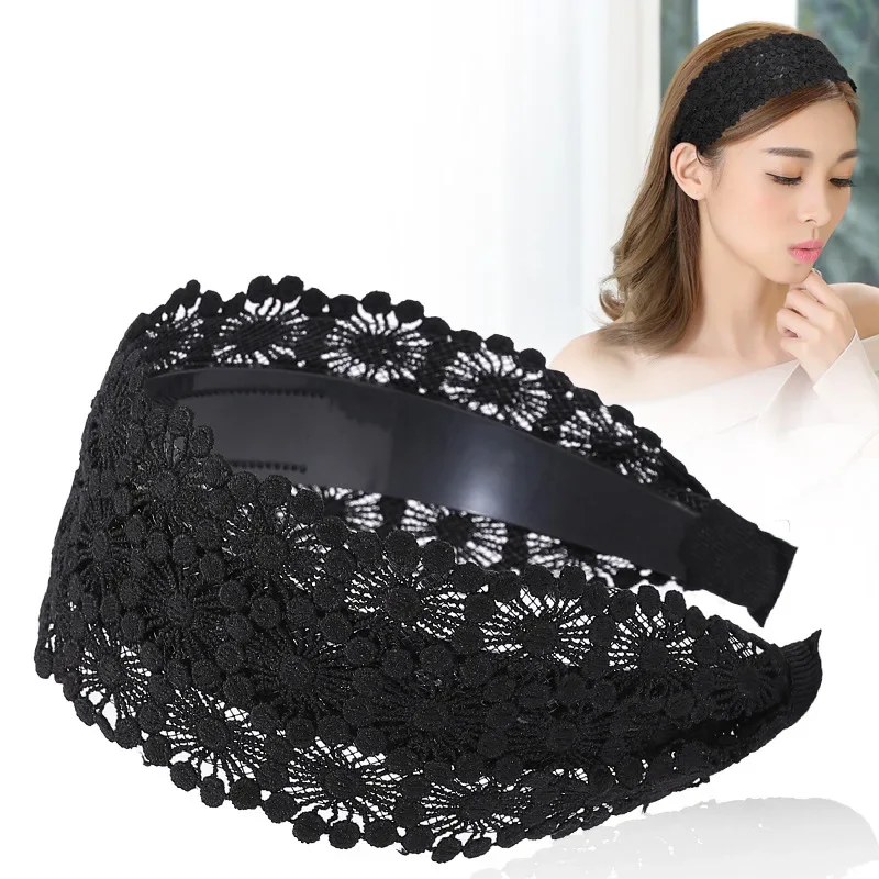 Lace Hair Hoop Wide Edgel Diademas Shattered Hair Sunflower with Teeth Fashion Anti-slip Headband Hair Accessories for Women