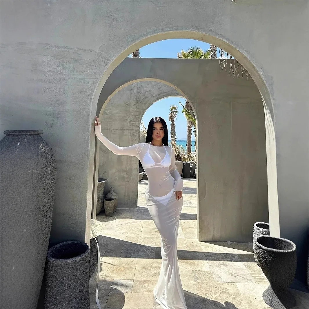 Women's Beach Dress Bodycon Long Sleeve Round Neck Sheer Mesh Solid Color A Line Swimwear Cover-Up for Vacation Beach Outfit