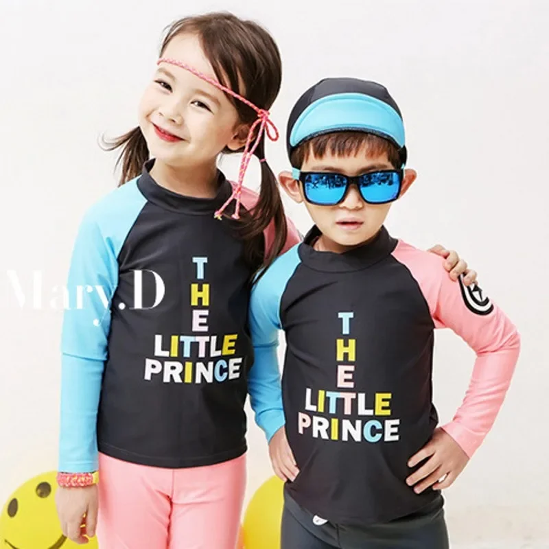 Two Piece Long Sleeve Letters  Brother Sister Cover up swimwear beachwear kids girls boys Swimsuits Patchwork Swimwear