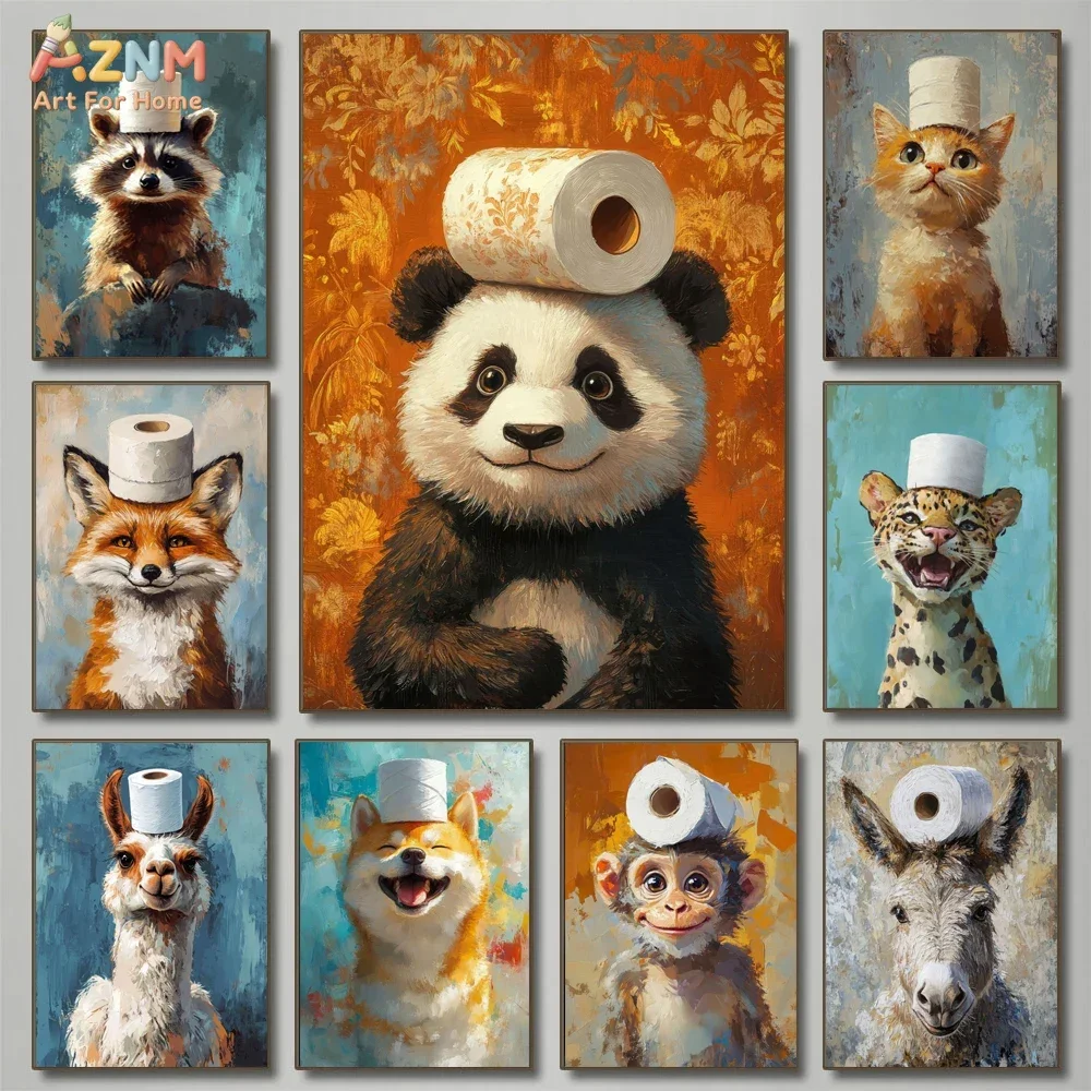 AZNM Funny Animal Toilet Paper Canvas Wall Art, Cute Panda Cat Fox Raccoon Alpaca Monkey With Tissue Roll Oil Painting Style Ill