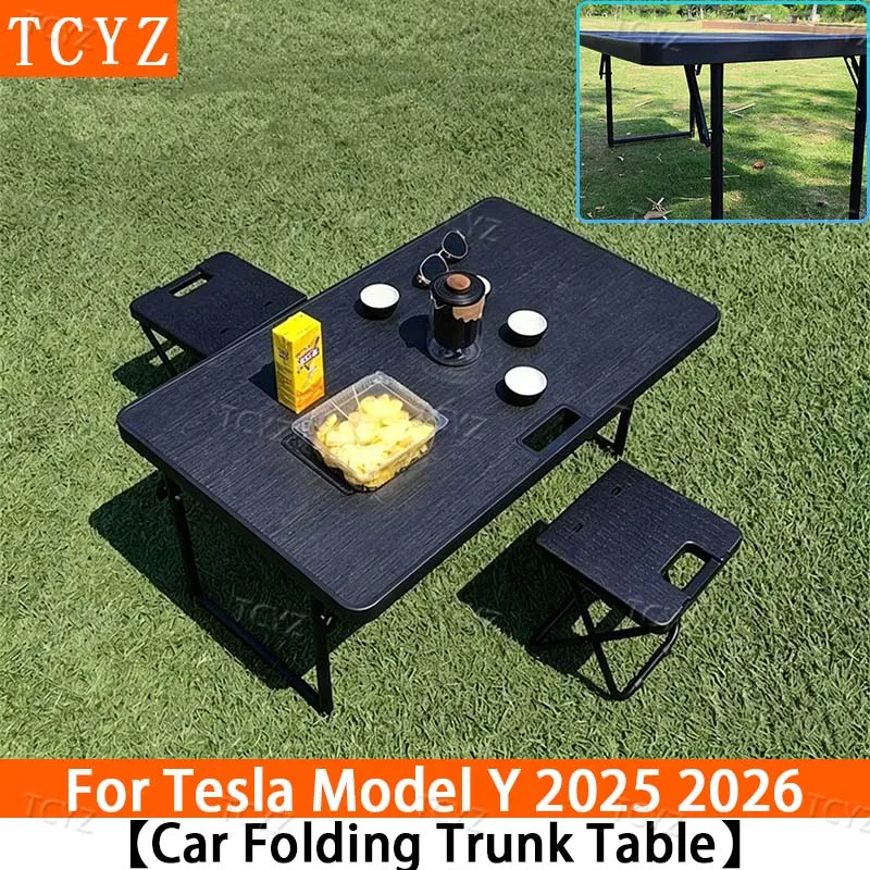 For Tesla Model Y Juniper 2025+Trunk Foldable Camping Picnic Table & Chairs Set –Portable Storage,for Road Trip & Outdoor Picnic